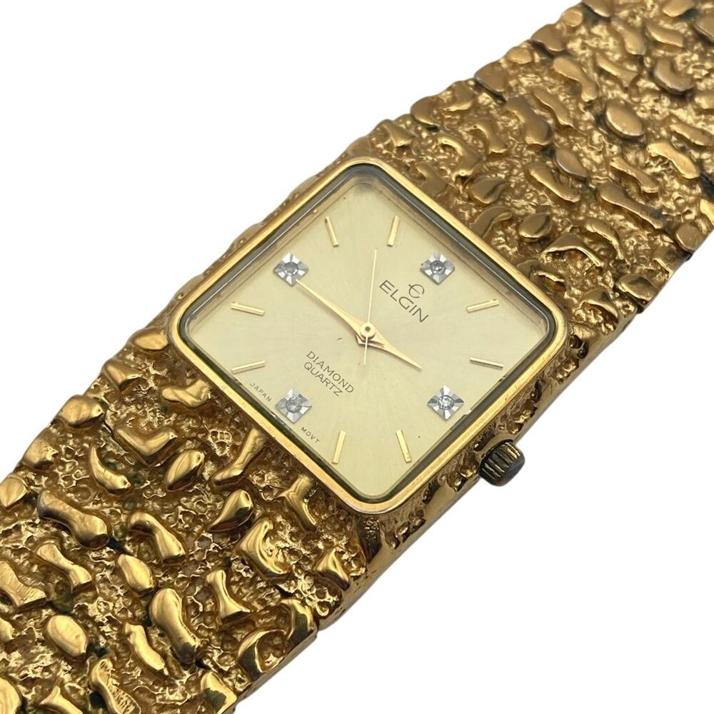 VTG Elgin Diamond Quartz Nugget Style Unisex Watch 27mm - New Battery Wrist 6.5"